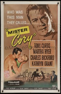 4m1050 MISTER CORY 1sh 1957 art of professional poker player Tony Curtis & kissing sexy Martha Hyer!