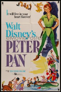 4m1119 PETER PAN 1sh R1969 Walt Disney animated cartoon fantasy classic, great full-length art!