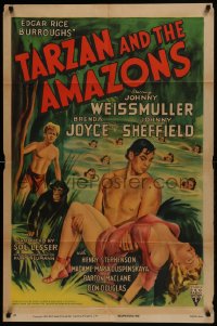 4m1259 TARZAN & THE AMAZONS style A 1sh R1950 Johnny Weissmuller, Brenda Joyce & Sheffield!