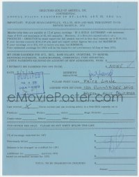 4p0226 FRITZ LANG signed DGA earnings statement 1972 he was retired & estimated to earn $0 in 1972!