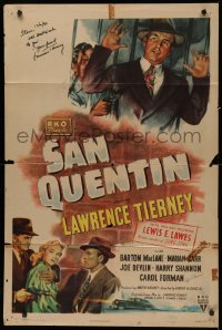 4p0117 SAN QUENTIN signed 1sh 1947 by BOTH Lawrence Tierney AND Carol Forman, great film noir art!