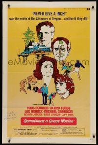4p0123 SOMETIMES A GREAT NOTION signed 1sh 1971 by Richard Jaeckel, art of Paul Newman, Fonda & cast!