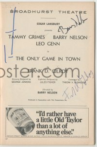 4p0310 ONLY GAME IN TOWN signed playbill 1968 by Tammy Grimes, Barry Nelson AND Frank D. Gilroy!
