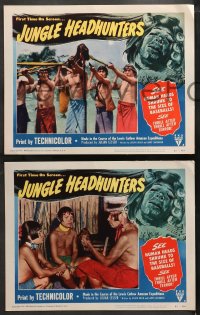 4r0176 JUNGLE HEADHUNTERS 8 LCs 1951 wild shrunken head border art, Amazon voodoo documentary!