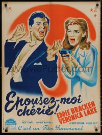 4s0593 HOLD THAT BLONDE French 24x32 1949 Grinsson art of Eddie Bracken, Veronica Lake with gun!
