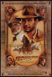4s0973 INDIANA JONES & THE LAST CRUSADE advance 1sh 1989 Ford/Connery over a brown background by Drew