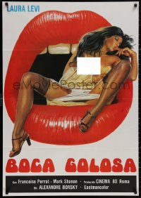 4s0390 GREEDY MOUTH export Italian 1sh 1981 striking artwork of super sexy Laura Levi in open mouth!