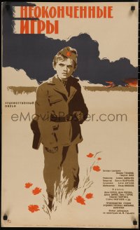 4s0811 UNFINISHED GAMES Russian 20x32 1964 Ivan Enchev, Zelenski artwork of young soldier!