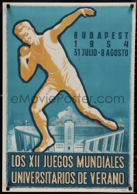 4s0342 XII WORLD UNIVERSITY SUMMER GAMES 22x32 Hungarian special poster 1954 art of stadium/athlete by Janos!