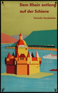 4s0114 GERMAN FEDERAL RAILWAY 24x39 German travel poster 1957 Sharp art of castle on Rhein!