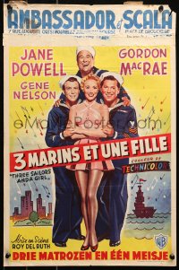 4t0222 3 SAILORS & A GIRL Belgian 1954 art of sexy Jane Powell in skimpy outfit with Navy sailors!