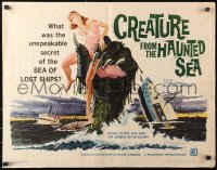4t0562 CREATURE FROM THE HAUNTED SEA 1/2sh 1961 art of monster's hand in sea grabbing sexy girl!