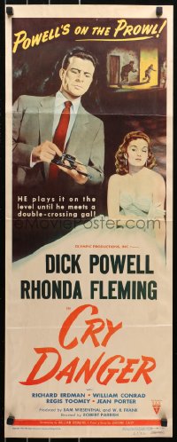 4t0435 CRY DANGER insert 1951 great film noir art of Dick Powell loading gun + sexy Rhonda Fleming!
