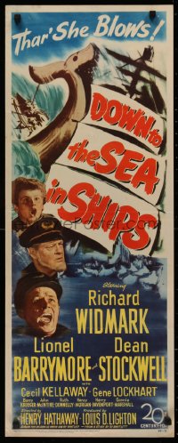 4t0443 DOWN TO THE SEA IN SHIPS insert 1949 art of Richard Widmark, Lionel Barrymore & Stockwell!