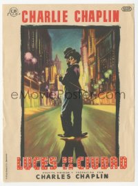 4t0913 CITY LIGHTS Spanish herald R1950s wonderful art of Charlie Chaplin as the Tramp on street!