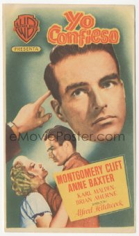 4t0989 I CONFESS Spanish herald 1954 Alfred Hitchcock, Montgomery Clift c/u & grabbing Anne Baxter!