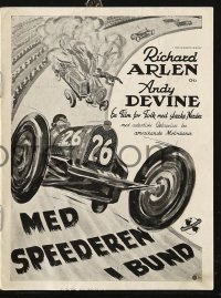 4t0708 DANGER ON WHEELS Danish program 1940 Richard Arlen, cool different car racing artwork!