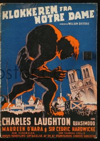 4t0765 HUNCHBACK OF NOTRE DAME Danish program 1941 Boye art of Charles Laughton as Quasimodo!