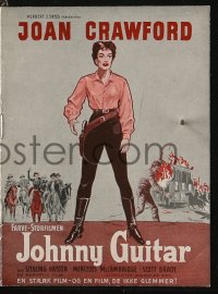 4t0770 JOHNNY GUITAR Danish program R1950s artwork of Joan Crawford reaching for gun, Nicholas Ray