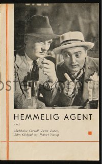 4t0830 SECRET AGENT Danish program 1936 Peter Lorre, Gielgud, directed by Alfred Hitchcock, rare!