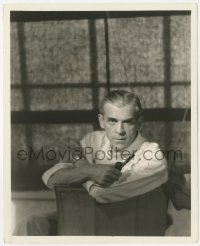 4w1037 BORIS KARLOFF deluxe 8x10 still 1930s seated portrait holding pipe in his hand by Freulich!