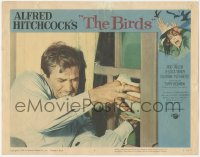 4w0396 BIRDS LC #6 1963 Hitchcock, close up of Rod Taylor trying to keep them from coming in window!