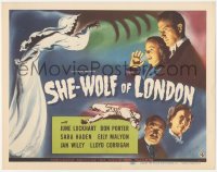 4w0282 SHE-WOLF OF LONDON TC 1946 art of hooded phantom attacking June Lockhart & Don Porter!
