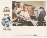 4w0788 STING LC #5 1974 Paul Newman smiles at Robert Redford getting a haircut in barber shop!