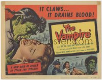 4w0332 VAMPIRE TC 1957 best close up art of crazed monster John Beal holding sexy Coleen Gray!