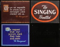 4x0379 LOT OF 3 11X14 SIGNS 1940s no singing permitted, patrons check your hats & coats + more!