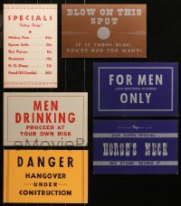 4x0372 LOT OF 6 7X11 HUMOROUS SIGNS 1940s Danger! Hangover Under Construction, Men Drinking!