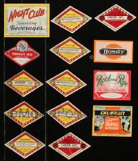 4x0919 LOT OF 14 BEVERAGE LABELS 1940s chocolate soda, imitation iron beer, ginger ale & more!