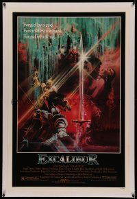 4y0077 EXCALIBUR linen 1sh 1981 John Boorman, cool medieval fantasy sword artwork by Bob Peak!