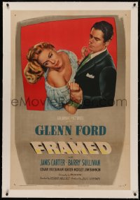 4y0084 FRAMED linen 1sh 1947 art of Glenn Ford grabbing Janis Carter out of the frame, film noir!