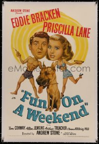 4y0085 FUN ON A WEEKEND linen 1sh 1947 wacky art of Eddie Bracken, Priscilla Lane, & Great Dane!