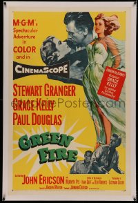 4y0095 GREEN FIRE linen 1sh 1954 great art of Stewart Granger & beautiful full-length Grace Kelly!