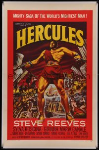 4y0100 HERCULES linen 1sh 1959 great montage artwork of the world's mightiest man Steve Reeves!