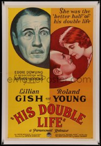 4y0101 HIS DOUBLE LIFE linen 1sh 1933 great art of Roland Young & his better half Lillian Gish!