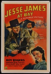 4y0112 JESSE JAMES AT BAY linen 1sh 1941 art of Roy Rogers w/ smoking gun, Gabby Hayes & Sally Payne!