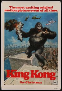 4y0116 KING KONG linen teaser 1sh 1976 John Berkey art of the BIG Ape standing on the Twin Towers!