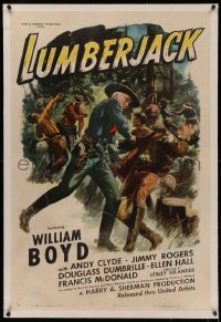 4y0130 LUMBERJACK linen 1sh 1944 art of William Boyd as Hopalong Cassidy punching bad guy in brawl!