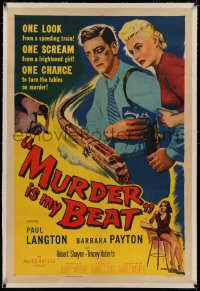 4y0145 MURDER IS MY BEAT linen 1sh 1955 Edgar Ulmer film noir, Barbara Payton, cool speeding train art!