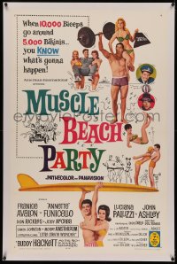 4y0146 MUSCLE BEACH PARTY linen 1sh 1964 Frankie & Annette, 10,000 biceps & 5,000 bikinis!