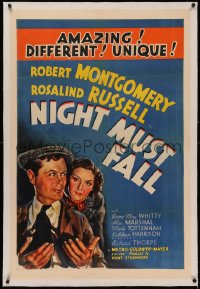 4y0151 NIGHT MUST FALL linen style D 1sh 1937 art of Robert Montgomery & Rosalind Russell, rare!