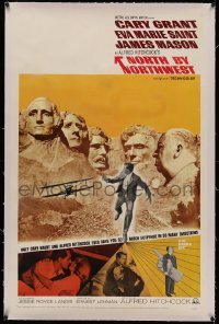 4y0155 NORTH BY NORTHWEST linen 1sh R1966 Cary Grant w/cropduster & Mt. Rushmore, Hitchcock shown!