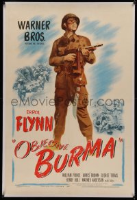 4y0156 OBJECTIVE BURMA linen 1sh 1945 full-length image of paratrooper Errol Flynn winning IIII!
