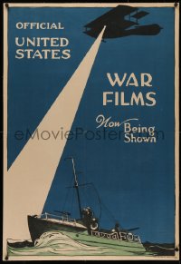 4y0157 OFFICIAL UNITED STATES WAR FILMS linen 1sh 1917 art of plane w/ light over ship, ultra rare!