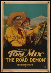 4y0178 ROAD DEMON linen 1sh 1921 art of cowboy Tom Mix in race car with adoring girl, ultra rare!
