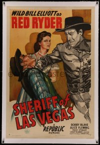 4y0188 SHERIFF OF LAS VEGAS linen 1sh 1944 art of Wild Bill Elliot as Red Ryder punching bad guy!