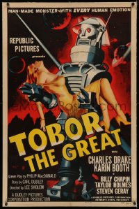 4y0213 TOBOR THE GREAT linen 1sh 1954 man-made funky robot with human emotions carrying sexy girl!